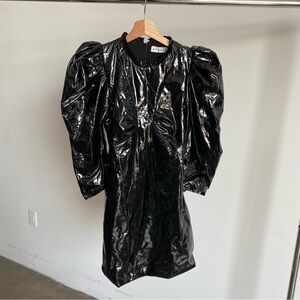 New Rhode Dawn Black Patent Faux Leather Mini Puff Shoulder Dress Sz 4